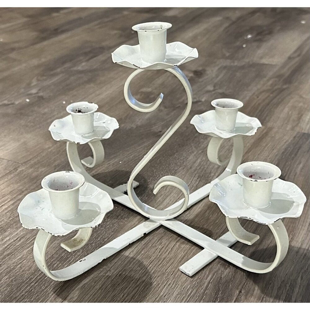 Vintage Candelabra White Candle Holder Metal 5 Arm Taper Farmhouse Cottage Core